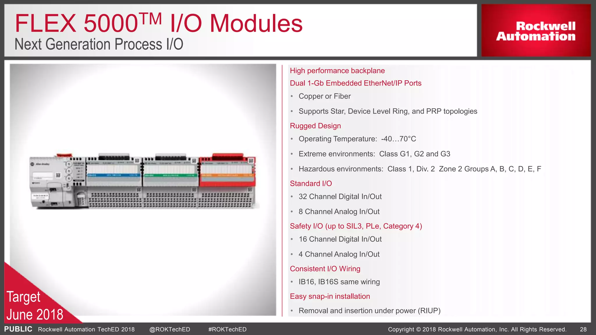 PUBLIC Copyright © 2018 Rockwell Automation, Inc. All Rights Reserved. 28Rockwell Automation TechED 2018 @ROKTechED #ROKTechED
FLEX 5000TM I/O Modules
Next Generation Process I/O
High performance backplane
Dual 1-Gb Embedded EtherNet/IP Ports
• Copper or Fiber
• Supports Star, Device Level Ring, and PRP topologies
Rugged Design
• Operating Temperature: -40…70°C
• Extreme environments: Class G1, G2 and G3
• Hazardous environments: Class 1, Div. 2 Zone 2 Groups A, B, C, D, E, F
Standard I/O
• 32 Channel Digital In/Out
• 8 Channel Analog In/Out
Safety I/O (up to SIL3, PLe, Category 4)
• 16 Channel Digital In/Out
• 4 Channel Analog In/Out
Consistent I/O Wiring
• IB16, IB16S same wiring
Easy snap-in installation
• Removal and insertion under power (RIUP)
Target
June 2018
 