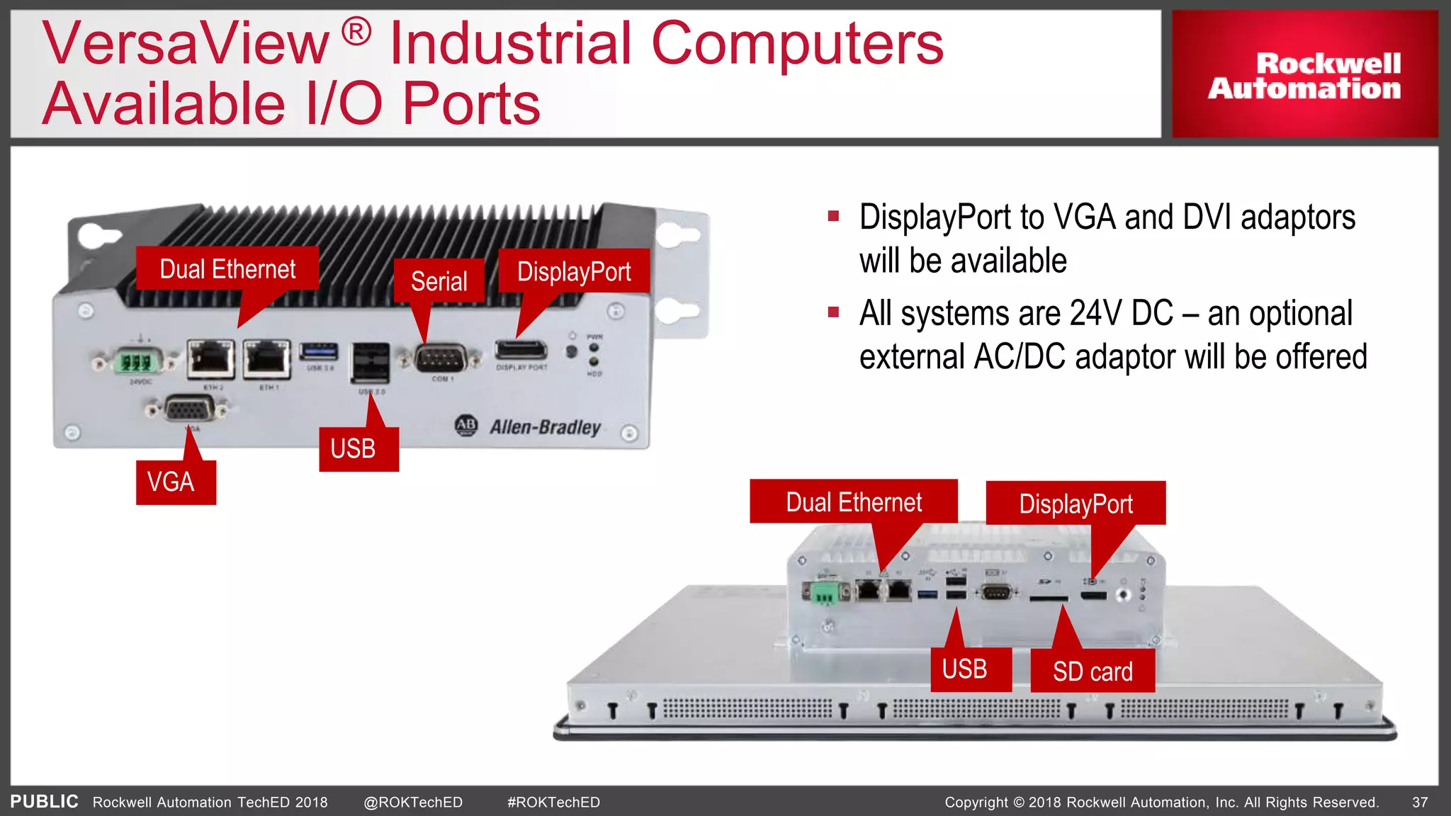 PUBLIC Copyright © 2018 Rockwell Automation, Inc. All Rights Reserved. 37Rockwell Automation TechED 2018 @ROKTechED #ROKTechED
VersaView ® Industrial Computers
Available I/O Ports
USB
Dual Ethernet
SD card
DisplayPort
Dual Ethernet
VGA
Serial DisplayPort
USB
 DisplayPort to VGA and DVI adaptors
will be available
 All systems are 24V DC – an optional
external AC/DC adaptor will be offered
 