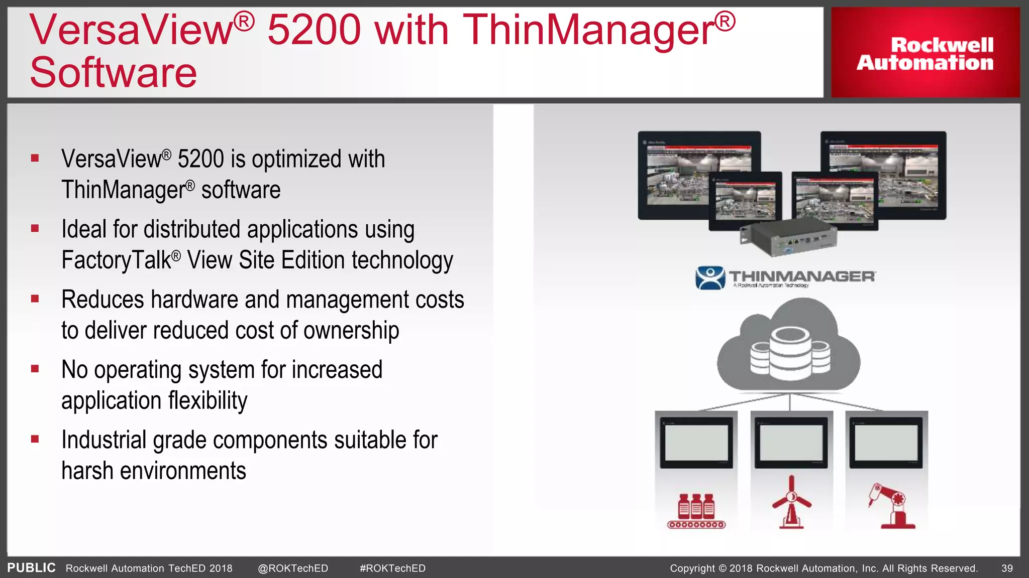 PUBLIC Copyright © 2018 Rockwell Automation, Inc. All Rights Reserved. 39Rockwell Automation TechED 2018 @ROKTechED #ROKTechED
VersaView® 5200 with ThinManager®
Software
 VersaView® 5200 is optimized with
ThinManager® software
 Ideal for distributed applications using
FactoryTalk® View Site Edition technology
 Reduces hardware and management costs
to deliver reduced cost of ownership
 No operating system for increased
application flexibility
 Industrial grade components suitable for
harsh environments
 