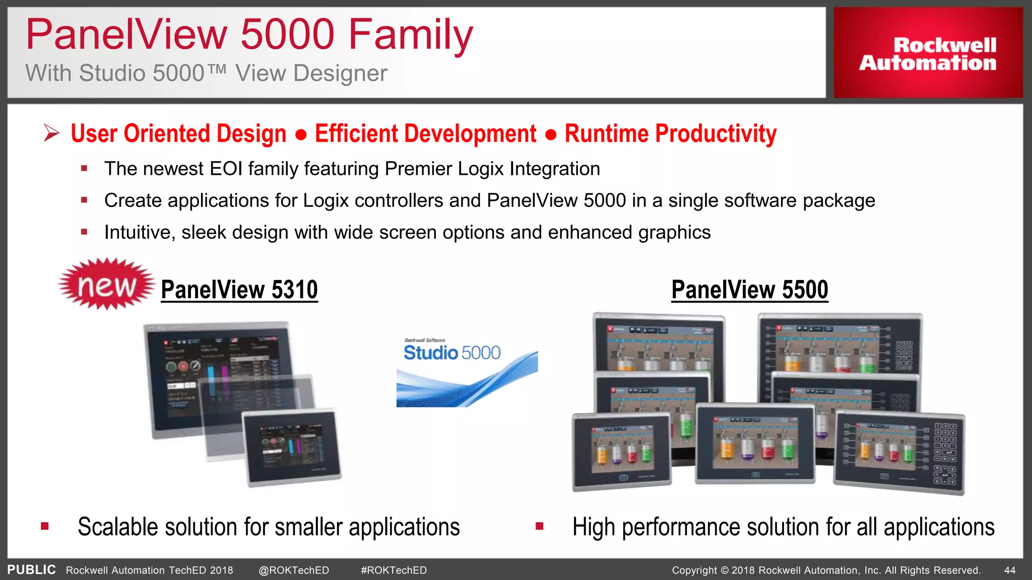 PUBLIC Copyright © 2018 Rockwell Automation, Inc. All Rights Reserved. 44Rockwell Automation TechED 2018 @ROKTechED #ROKTechED
 High performance solution for all applications
PanelView 5500PanelView 5310
 Scalable solution for smaller applications
PanelView 5000 Family
With Studio 5000™ View Designer
 User Oriented Design ● Efficient Development ● Runtime Productivity
 The newest EOI family featuring Premier Logix Integration
 Create applications for Logix controllers and PanelView 5000 in a single software package
 Intuitive, sleek design with wide screen options and enhanced graphics
 