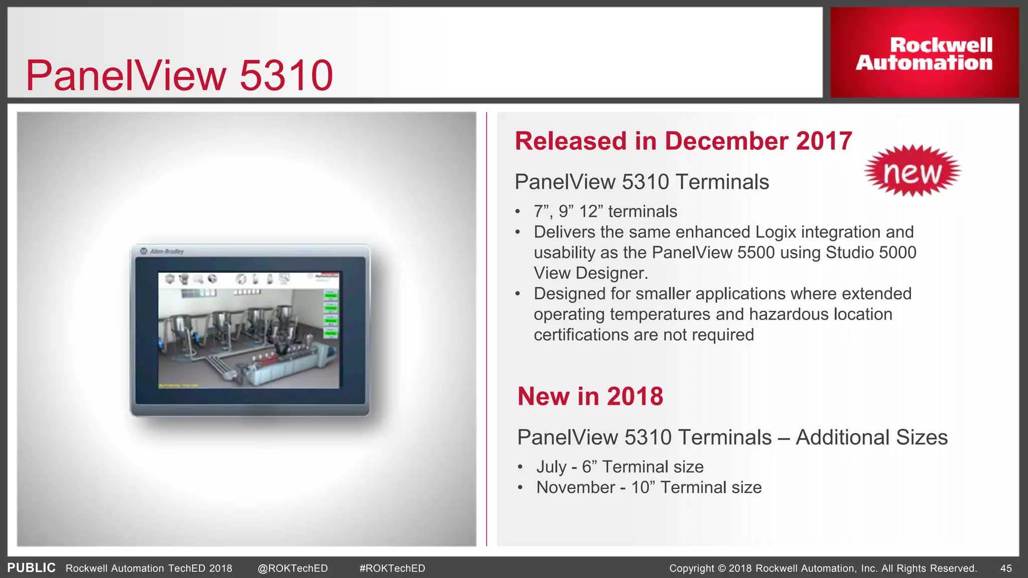 PUBLIC Copyright © 2018 Rockwell Automation, Inc. All Rights Reserved. 45Rockwell Automation TechED 2018 @ROKTechED #ROKTechED
PanelView 5310
Released in December 2017
PanelView 5310 Terminals
• 7”, 9” 12” terminals
• Delivers the same enhanced Logix integration and
usability as the PanelView 5500 using Studio 5000
View Designer.
• Designed for smaller applications where extended
operating temperatures and hazardous location
certifications are not required
New in 2018
PanelView 5310 Terminals – Additional Sizes
• July - 6” Terminal size
• November - 10” Terminal size
 