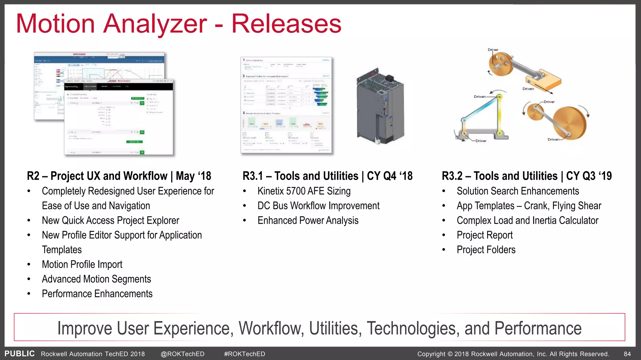 PUBLIC Copyright © 2018 Rockwell Automation, Inc. All Rights Reserved. 84Rockwell Automation TechED 2018 @ROKTechED #ROKTechED
R2 – Project UX and Workflow | May ‘18
• Completely Redesigned User Experience for
Ease of Use and Navigation
• New Quick Access Project Explorer
• New Profile Editor Support for Application
Templates
• Motion Profile Import
• Advanced Motion Segments
• Performance Enhancements
R3.1 – Tools and Utilities | CY Q4 ‘18
• Kinetix 5700 AFE Sizing
• DC Bus Workflow Improvement
• Enhanced Power Analysis
Improve User Experience, Workflow, Utilities, Technologies, and Performance
Motion Analyzer - Releases
R3.2 – Tools and Utilities | CY Q3 ‘19
• Solution Search Enhancements
• App Templates – Crank, Flying Shear
• Complex Load and Inertia Calculator
• Project Report
• Project Folders
 