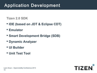 Application Development

   Tizen 2.0 SDK
    IDE (based on JDT & Eclipse CDT)
    Emulator
    Smart Development Bridg...
