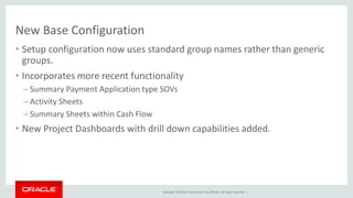 Copyright © 2016, Oracle and/or its affiliates. All rights reserved. |
New Base Configuration
• Setup configuration now uses standard group names rather than generic
groups.
• Incorporates more recent functionality
– Summary Payment Application type SOVs
– Activity Sheets
– Summary Sheets within Cash Flow
• New Project Dashboards with drill down capabilities added.
 