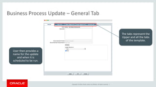 Copyright © 2016, Oracle and/or its affiliates. All rights reserved. |
Business Process Update – General Tab
User then provides a
name for the update
and when it is
scheduled to be run.
The tabs represent the
Upper and all the tabs
of the template.
 