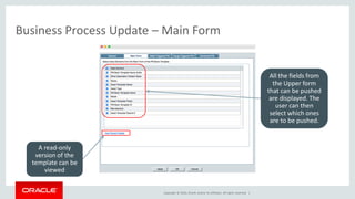 Copyright © 2016, Oracle and/or its affiliates. All rights reserved. |
Business Process Update – Main Form
All the fields from
the Upper form
that can be pushed
are displayed. The
user can then
select which ones
are to be pushed.
A read-only
version of the
template can be
viewed
 