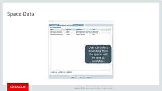 Copyright © 2016, Oracle and/or its affiliates. All rights reserved. |
Space Data
User can select
what data from
the Spaces will
be sent to
Analytics.
 