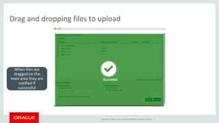 Copyright © 2016, Oracle and/or its affiliates. All rights reserved. |
Drag and dropping files to upload
When files are
dragged on the
main area they are
notified if
successful
 