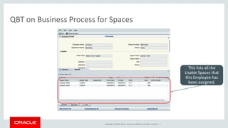 Copyright © 2016, Oracle and/or its affiliates. All rights reserved. |
QBT on Business Process for Spaces
This lists all the
Usable Spaces that
this Employee has
been assigned.
 