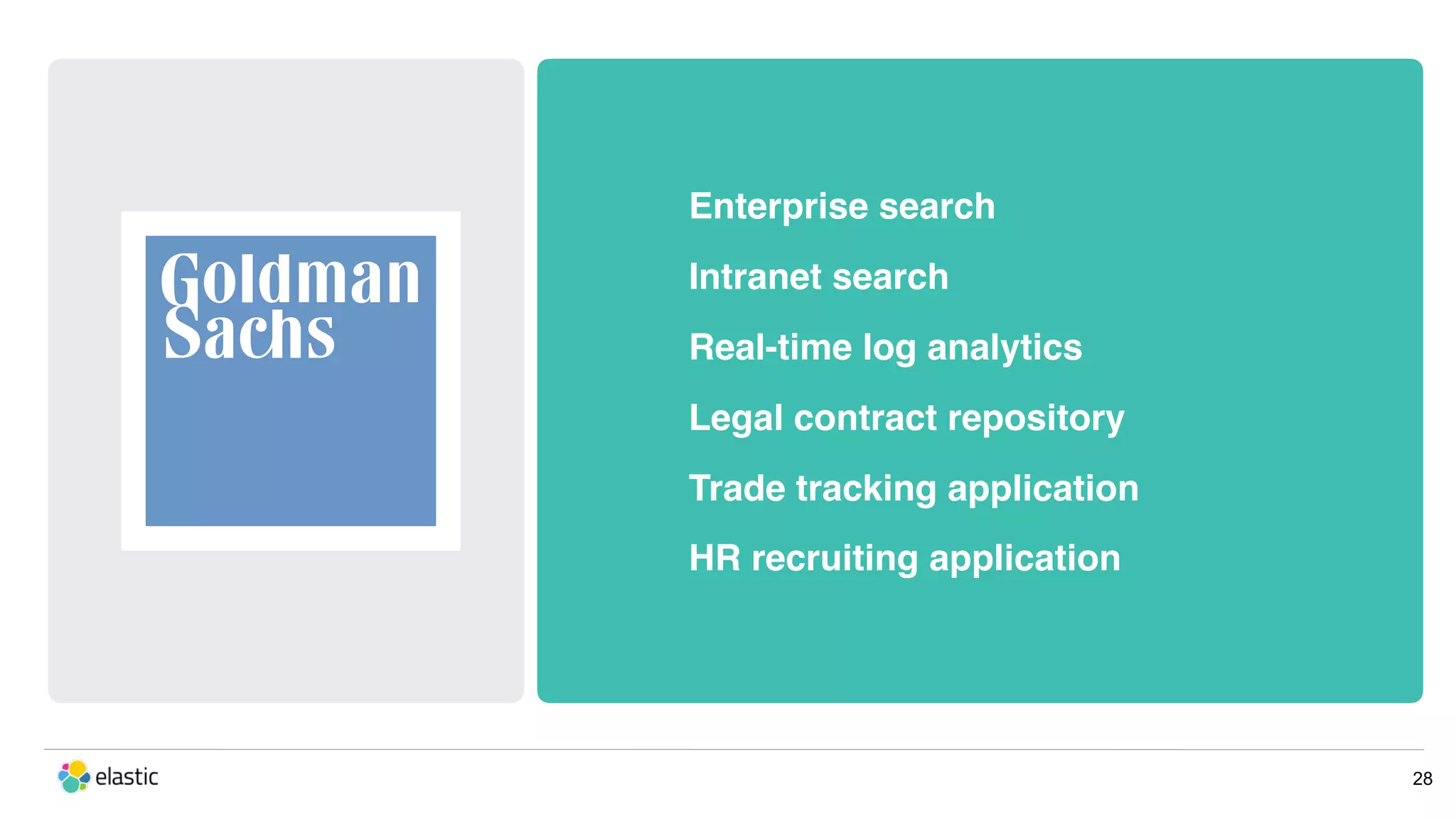 28 Enterprise search Intranet search Real-time log analytics Legal contract repository Trade tracking application HR recruiting application 