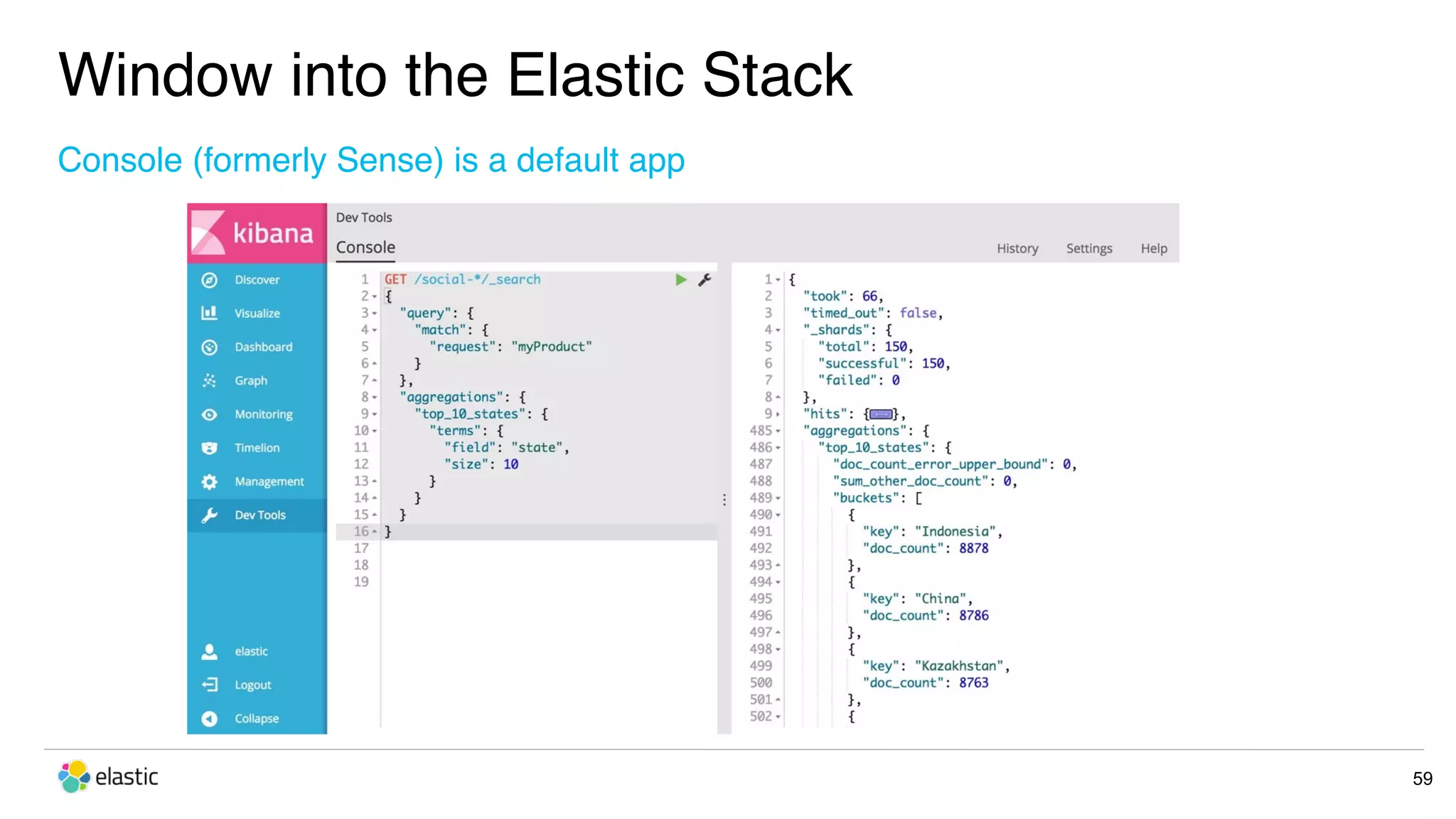 Window into the Elastic Stack 59 Console (formerly Sense) is a default app 