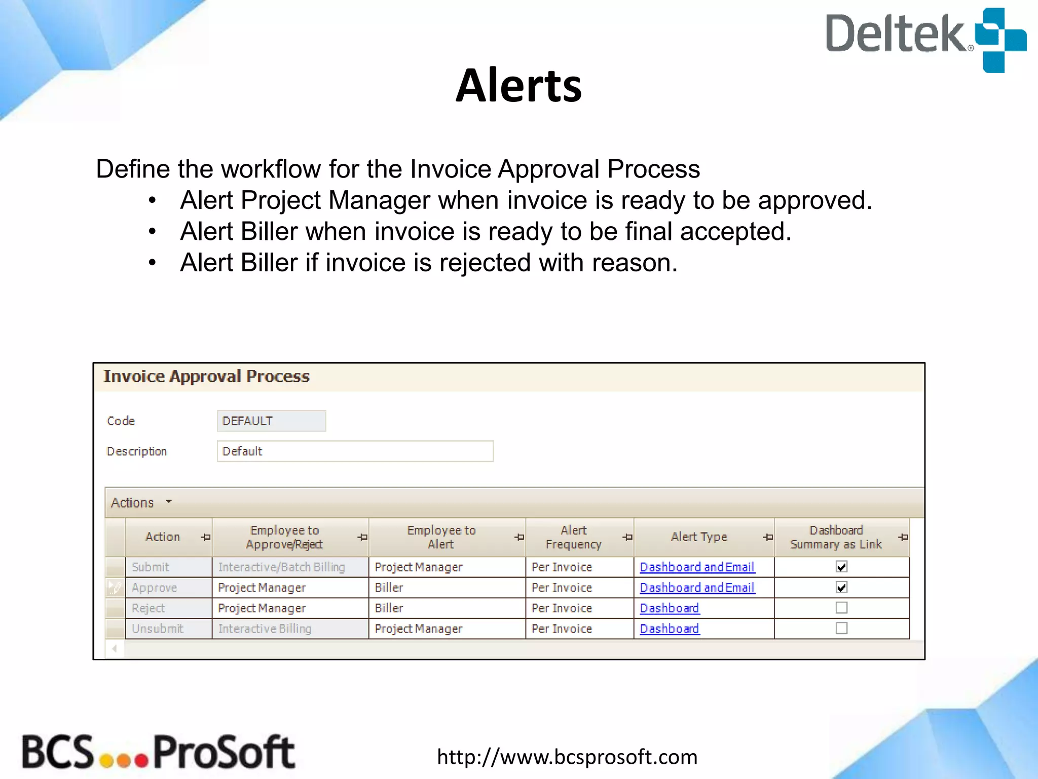 Alerts
Define the workflow for the Invoice Approval Process
• Alert Project Manager when invoice is ready to be approved.
• Alert Biller when invoice is ready to be final accepted.
• Alert Biller if invoice is rejected with reason.

http://www.bcsprosoft.com

 