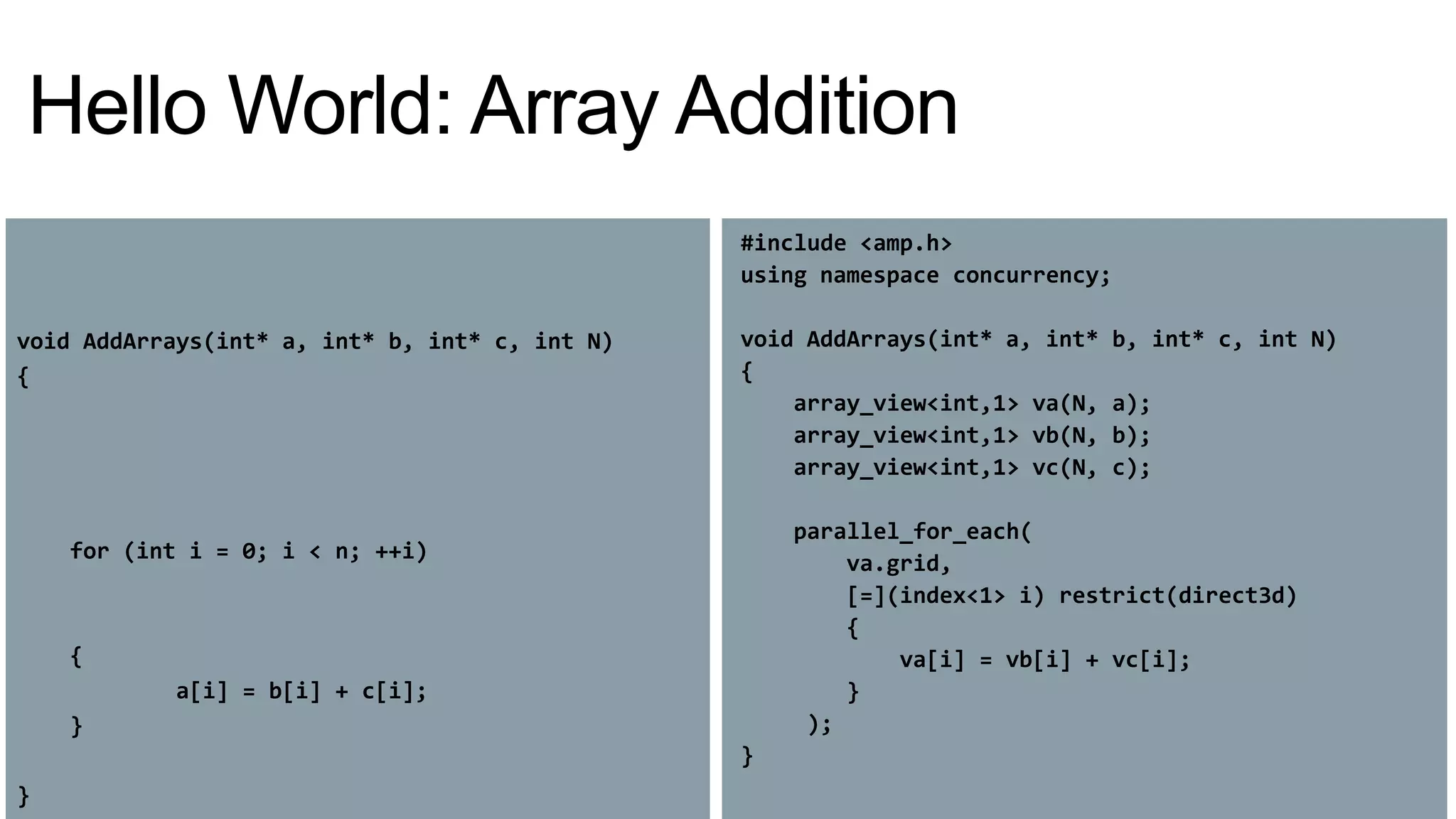 Hello World: Array Addition
                                                #include <amp.h>
                                                using namespace concurrency;

void AddArrays(int* a, int* b, int* c, int N)   void AddArrays(int n, int * pA, int* * pB, int * pC)
                                                 void AddArrays(int* a, int* b, int c, int N)
{                                               {{
                                                     array_view<int,1> va(N, a);
                                                     array_view<int,1> vb(N, b);
                                                     array_view<int,1> vc(N, c);

                                                     parallel_for_each(
    for (int i = 0; i < n; ++i)                     for (int i=0; i<n; i++)
                                                          va.grid,
                                                          [=](index<1> i) restrict(direct3d)
                                                          {
    {                                                    {    va[i] = vb[i] + vc[i];
           a[i] = b[i] + c[i];                            } pC[i] = pA[i] + pB[i];
    }                                                 ); }
                                                }
}                                               }
 