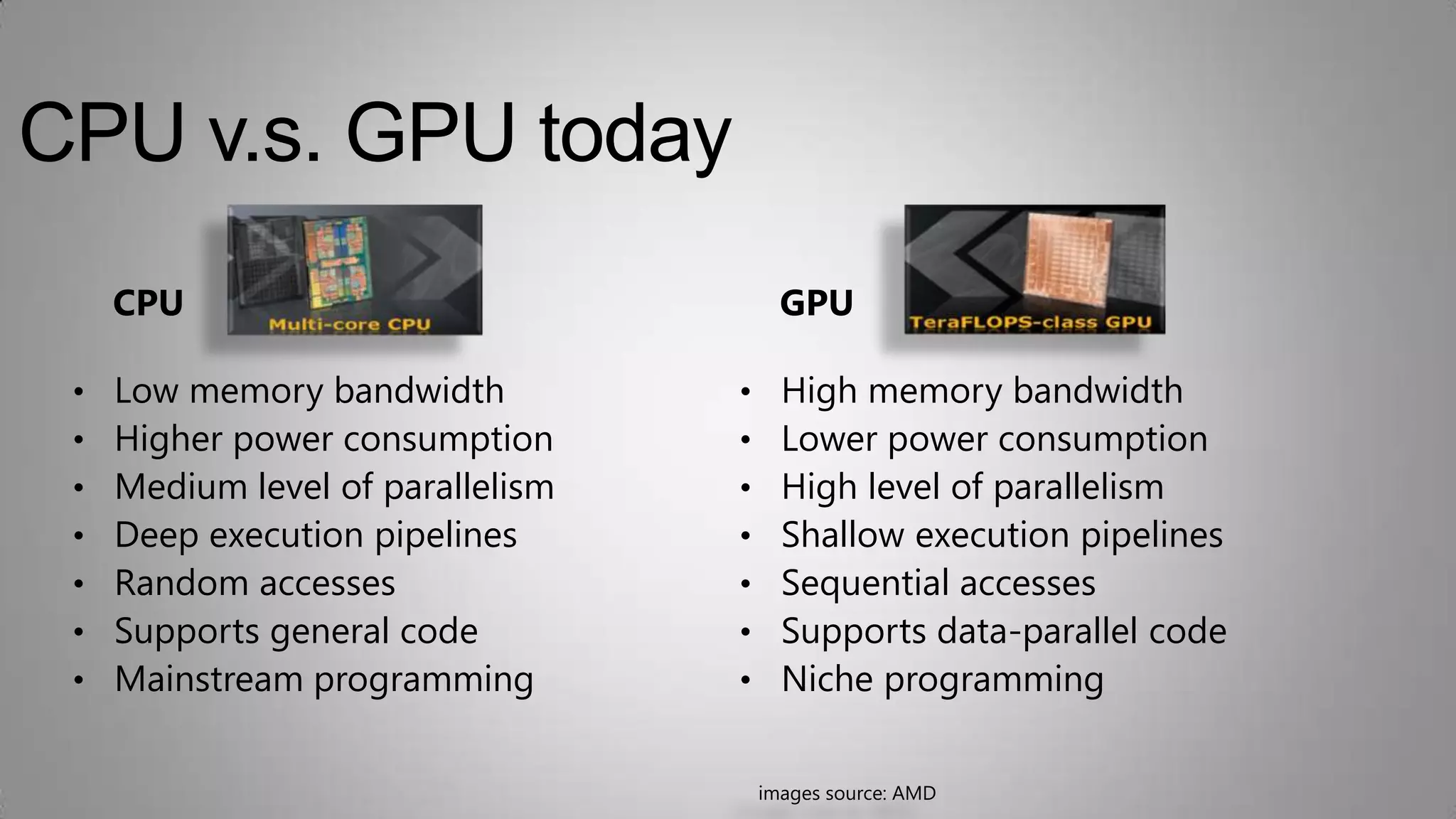 CPU v.s. GPU today
     CPU                                 GPU

 •   Low memory bandwidth          •     High memory bandwidth
 •   Higher power consumption      •     Lower power consumption
 •   Medium level of parallelism   •     High level of parallelism
 •   Deep execution pipelines      •     Shallow execution pipelines
 •   Random accesses               •     Sequential accesses
 •   Supports general code         •     Supports data-parallel code
 •   Mainstream programming        •     Niche programming

                                       images source: AMD
 
