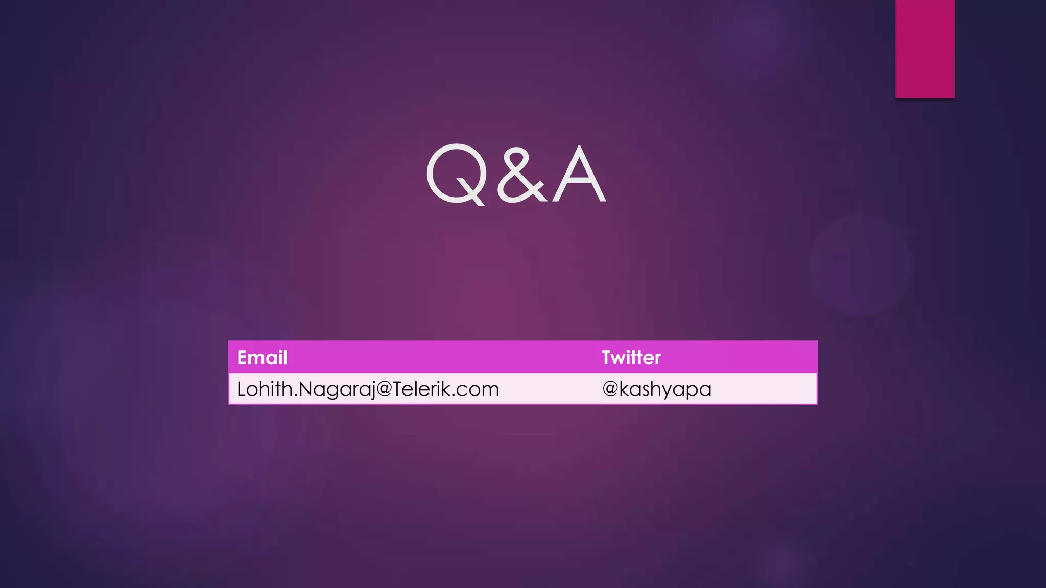 Q&A
Email

Twitter

Lohith.Nagaraj@Telerik.com

@kashyapa

 