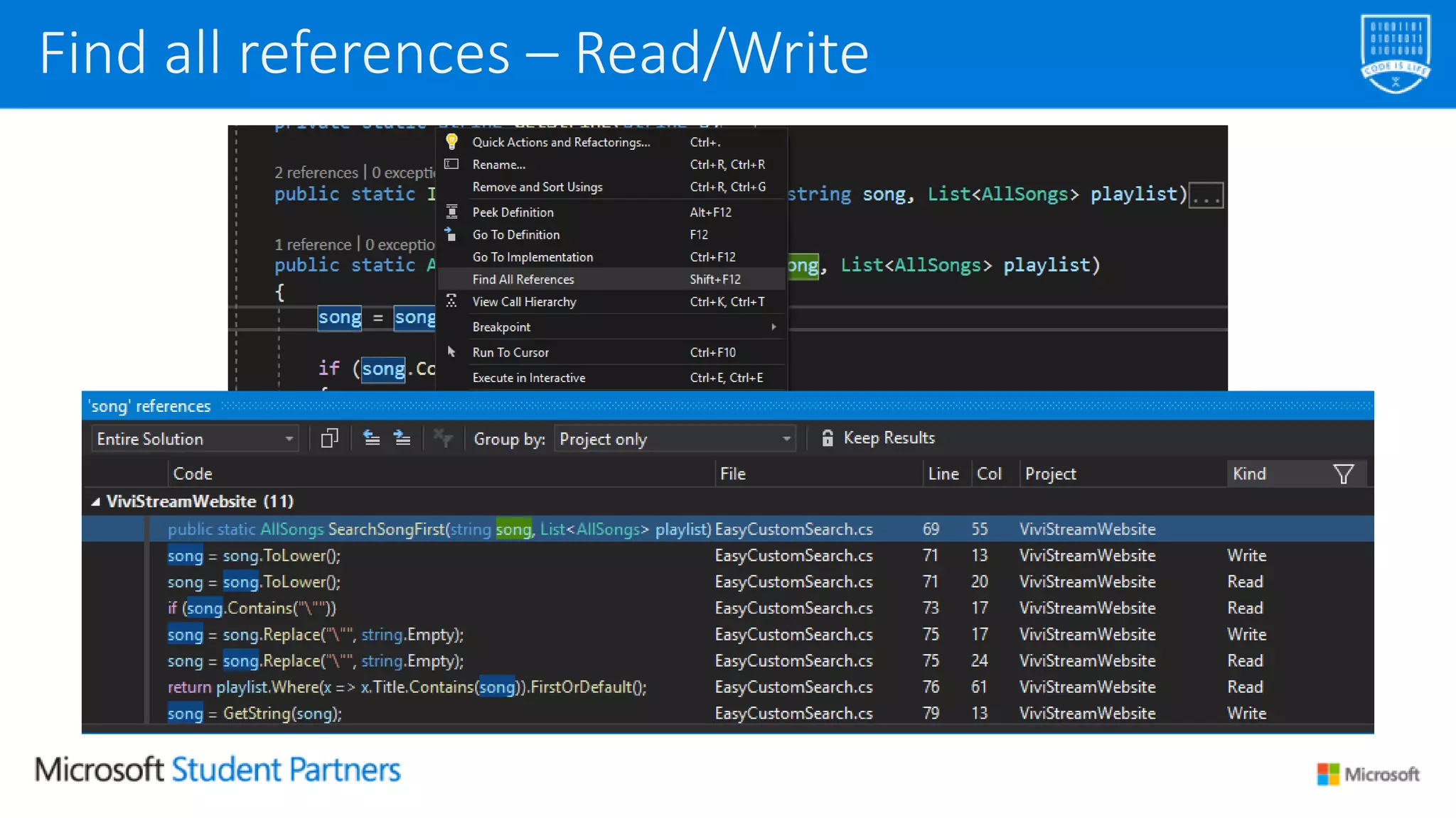 Find all references – Read/Write
 