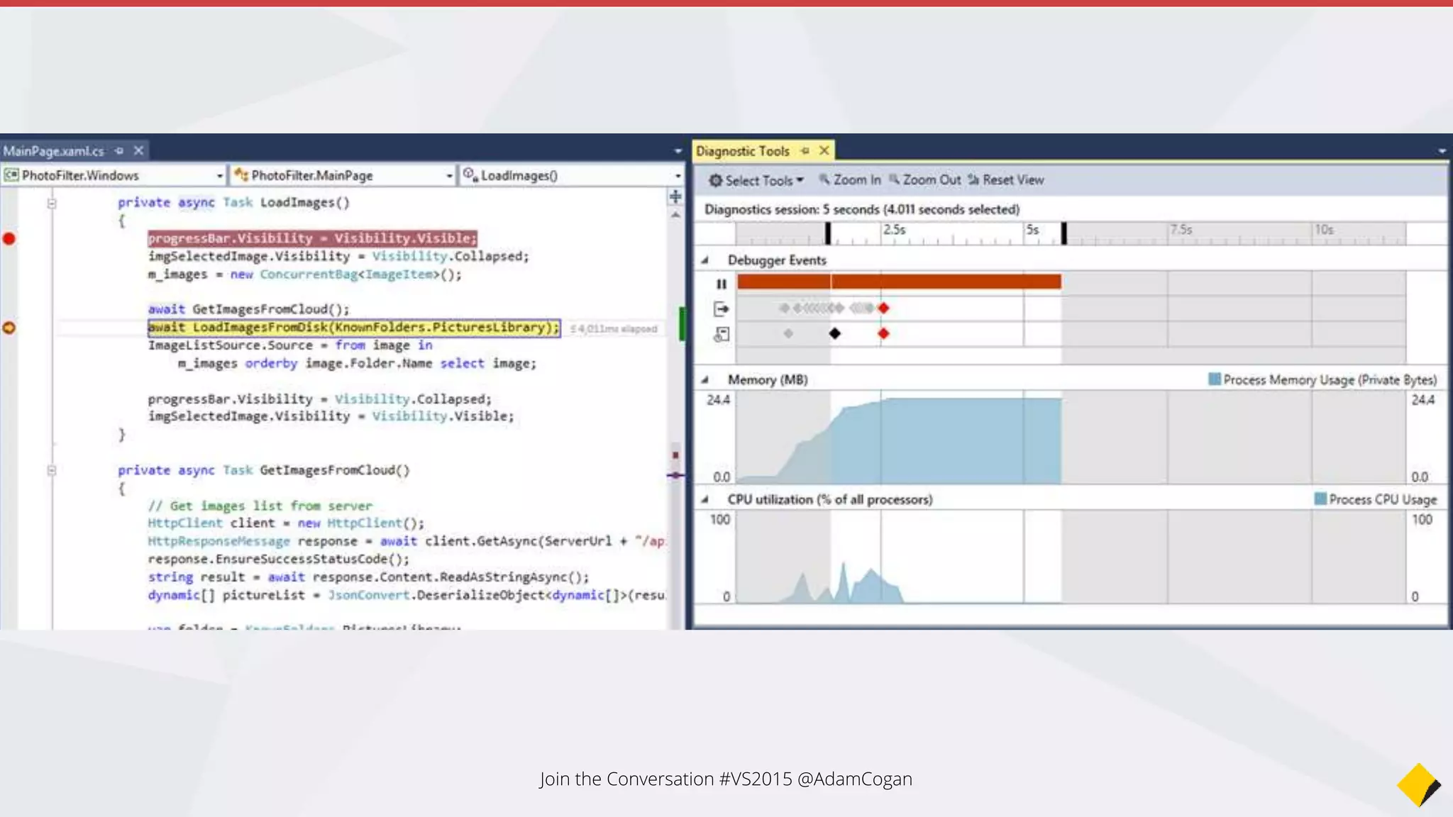 Join the Conversation #VS2015 @AdamCogan
Zoom in on the timeline and see breakpoints and exceptions
 
