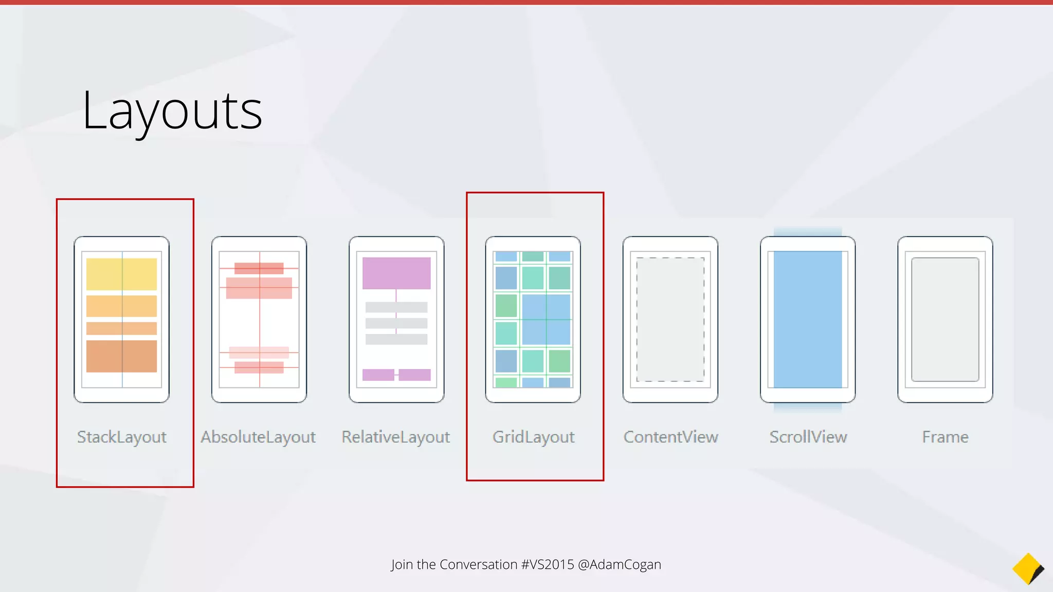 Image
Label
ListView
Map
OpenGLView
Picker
Controls
SearchBar
Slider
Stepper
TableView
TimePicker
WebView
ActivityIndicator
BoxView
Button
DatePicker
Editor
Entry
EntryCell
ImageCell
SwitchCell
TextCell
ViewCell
Join the Conversation #VS2015 @AdamCogan
 