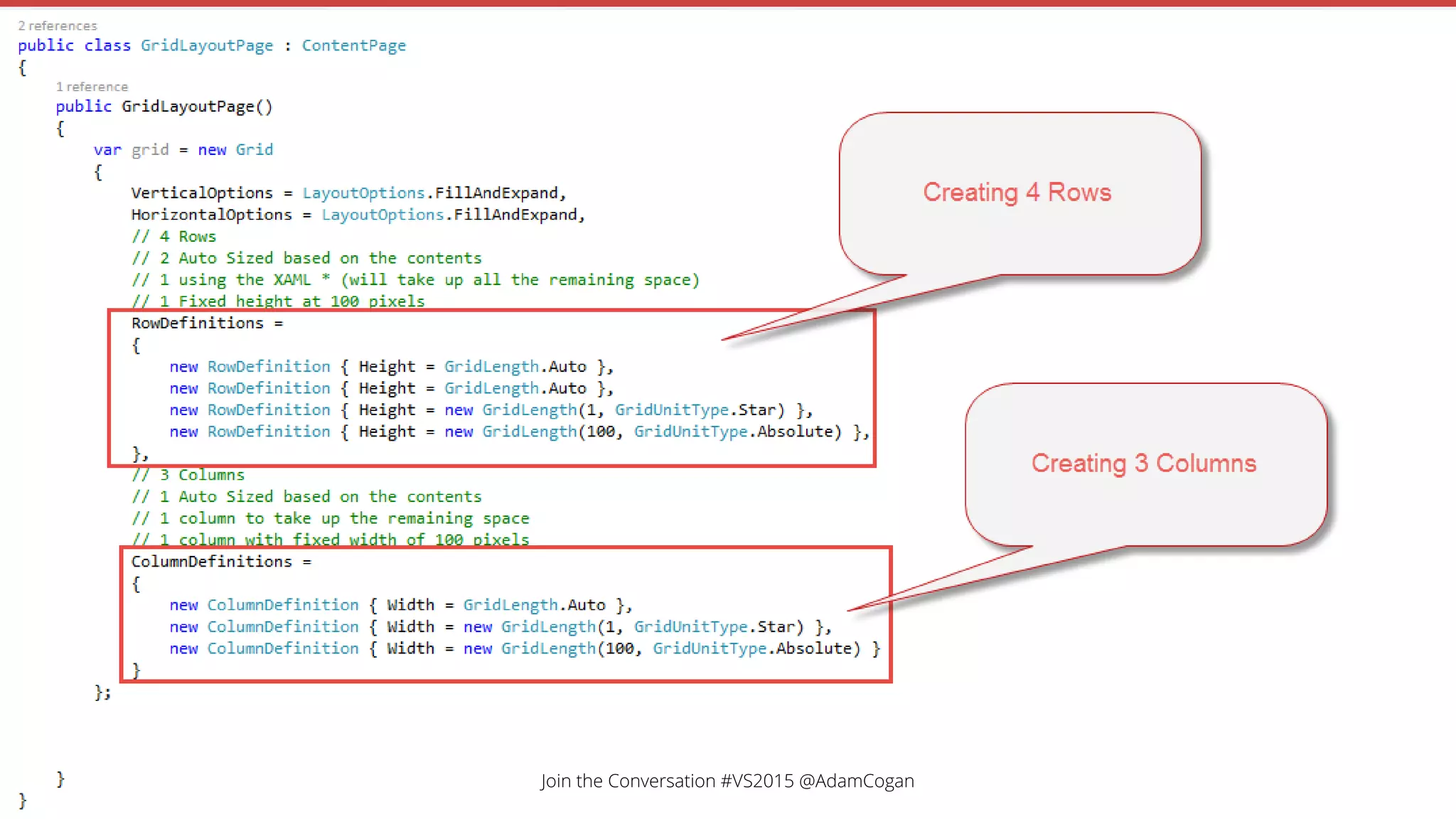 Add some content and colour
// Column 0 to Column 3, Row 0 to Row 1
grid.Children.Add(new Label { Text = "Label 1", HorizontalOptions = LayoutOptions.Center }, 0, 3, 0, 1);
// Column 0, Row 1
grid.Children.Add(new Label { Text = "Label 2", TextColor = Color.White, BackgroundColor = Color.Lime }, 0, 1);
// Column 1, Row 1
grid.Children.Add(new BoxView { Color = Color.Red }, 1, 1);
// Column 0, Row 2
grid.Children.Add(new BoxView { Color = Color.Blue }, 0, 2);
// Column 1, Row 2
grid.Children.Add(new Label { Text = "Label 3", TextColor = Color.Purple, BackgroundColor = Color.Gray }, 1, 2);
// Column 2 to Column 3, Row 1 to Row 3
grid.Children.Add(new Label { Text = "Label 4", TextColor = Color.Yellow, BackgroundColor = Color.Navy }, 2, 3, 1, 3);
// Column 0 to Column 2, Row 3 to Row 4
grid.Children.Add(new Label { Text = "Label 4", TextColor = Color.Red, BackgroundColor = Color.Silver }, 0, 2, 3, 4);
// Column 2, Row 3
grid.Children.Add(new Label { Text = "Label 5", TextColor = Color.Aqua, BackgroundColor = Color.Red }, 2, 3);
Content = grid;
Join the Conversation #VS2015 @AdamCogan
 