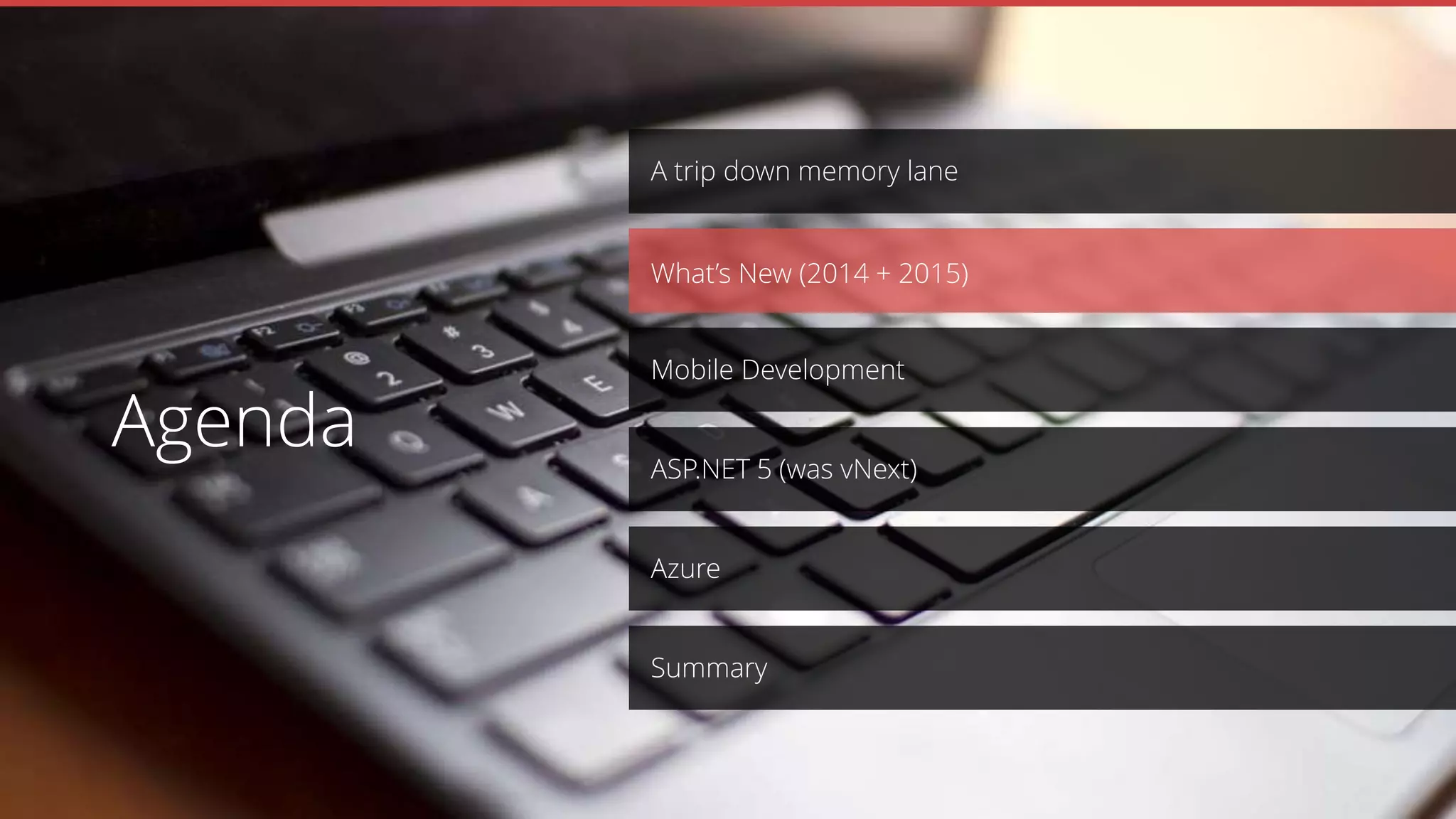 A trip down memory lane
ASP.NET 5 (was vNext)
Mobile Development
Azure
Summary
What’s New (2014 + 2015)
Agenda
 