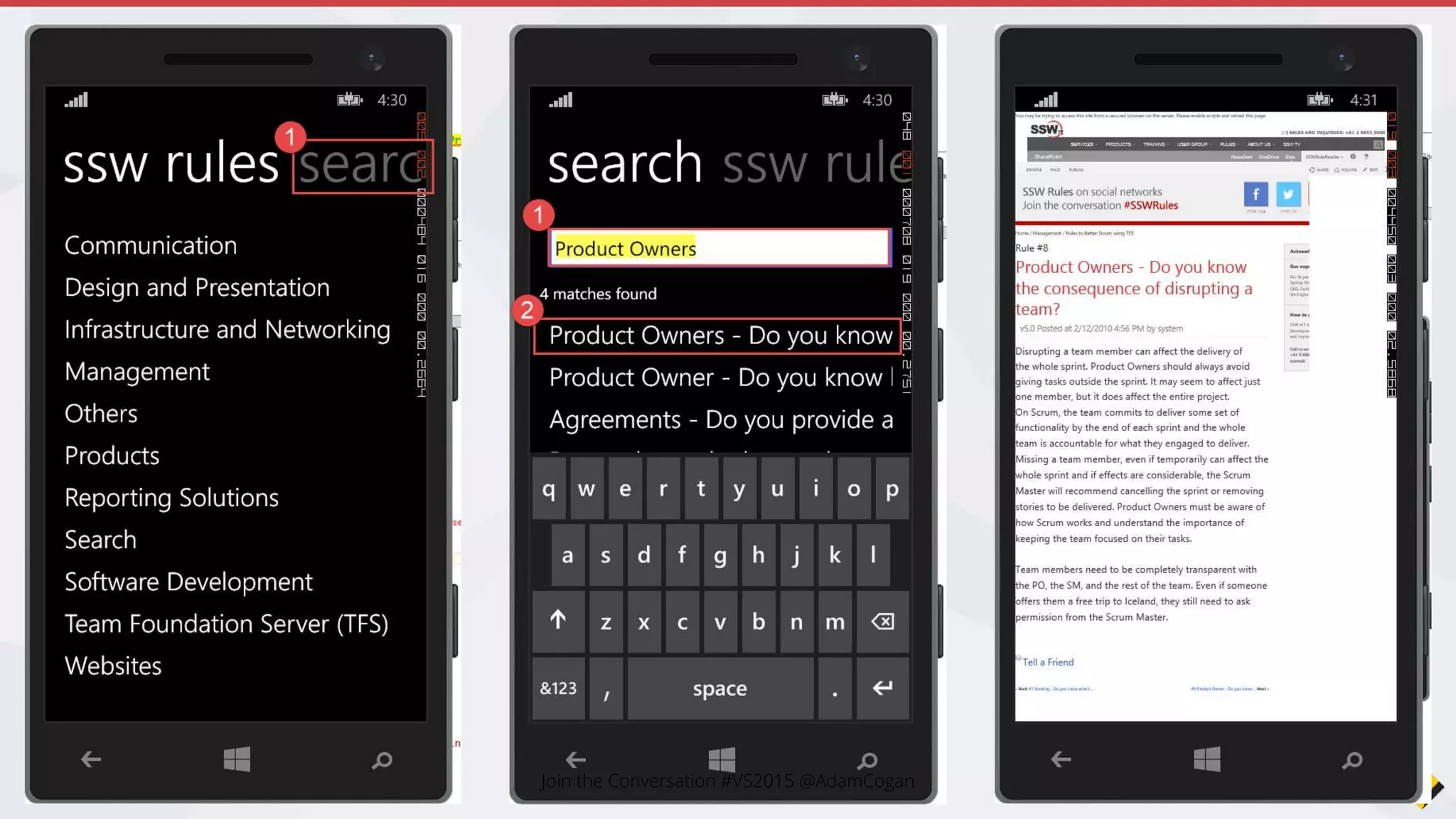 • TFS - https://tfsodata.visualstudio.com/ (bad ODATA – read only)
• TFS -https://visualstudio.com/integrate (good REST)
• REST APIs rock
https://developers.google.com/
https://developers.facebook.com/
https://dev.twitter.com/
https://developer.nokia.com/
https://developer.github.com/
http://developer.xamarin.com/
https://Developer.visualstudio.com
REST APIs
Join the Conversation #VS2015 @AdamCogan
 