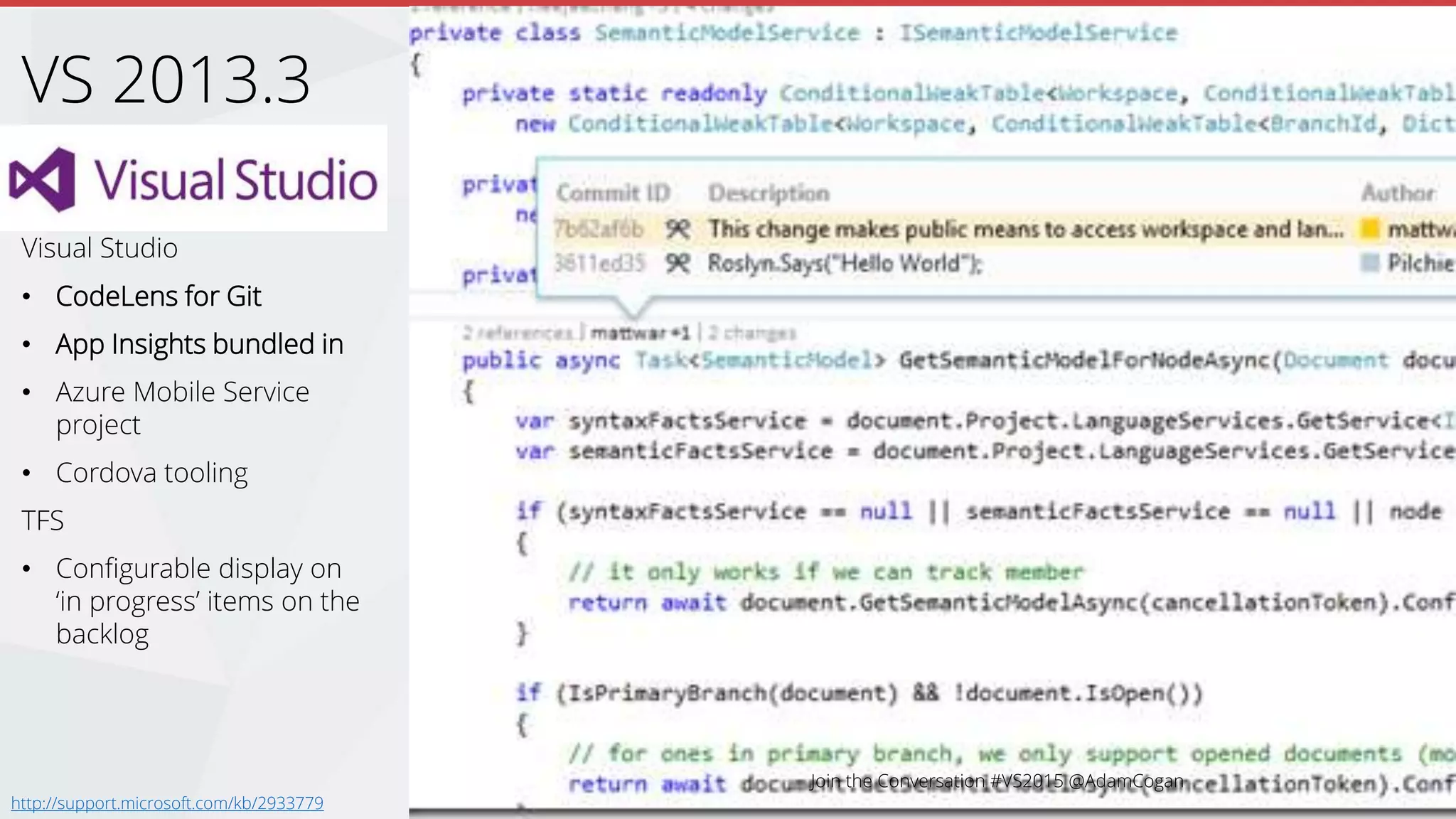 Visual Studio
• CodeLens for Git
• App Insights bundled in
• Azure Mobile Service
project
• Cordova tooling
TFS
• Configurable display on
‘in progress’ items on the
backlog
VS 2013.3
http://support.microsoft.com/kb/2933779
 