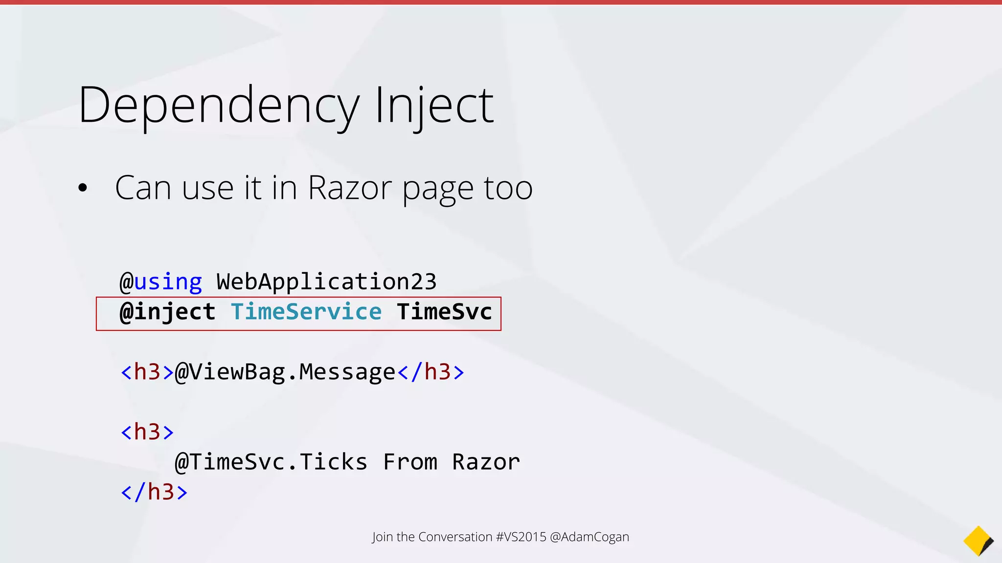 WebAPI and Controllers in one
public class ValuesController : Controller
{
// GET /values
public string Get() { return "Values"; }
// GET /values/1
public string Get(int id) { return "Value " + id.ToString(); }
// POST /values
public ActionResult Post() { return new HttpStatusCodeResult(201); }
}
http://rules.ssw.com.au/SoftwareDevelopment/RulesToBetterWebAPI/Pages/Default.aspx
Join the Conversation #VS2015 @AdamCogan
 