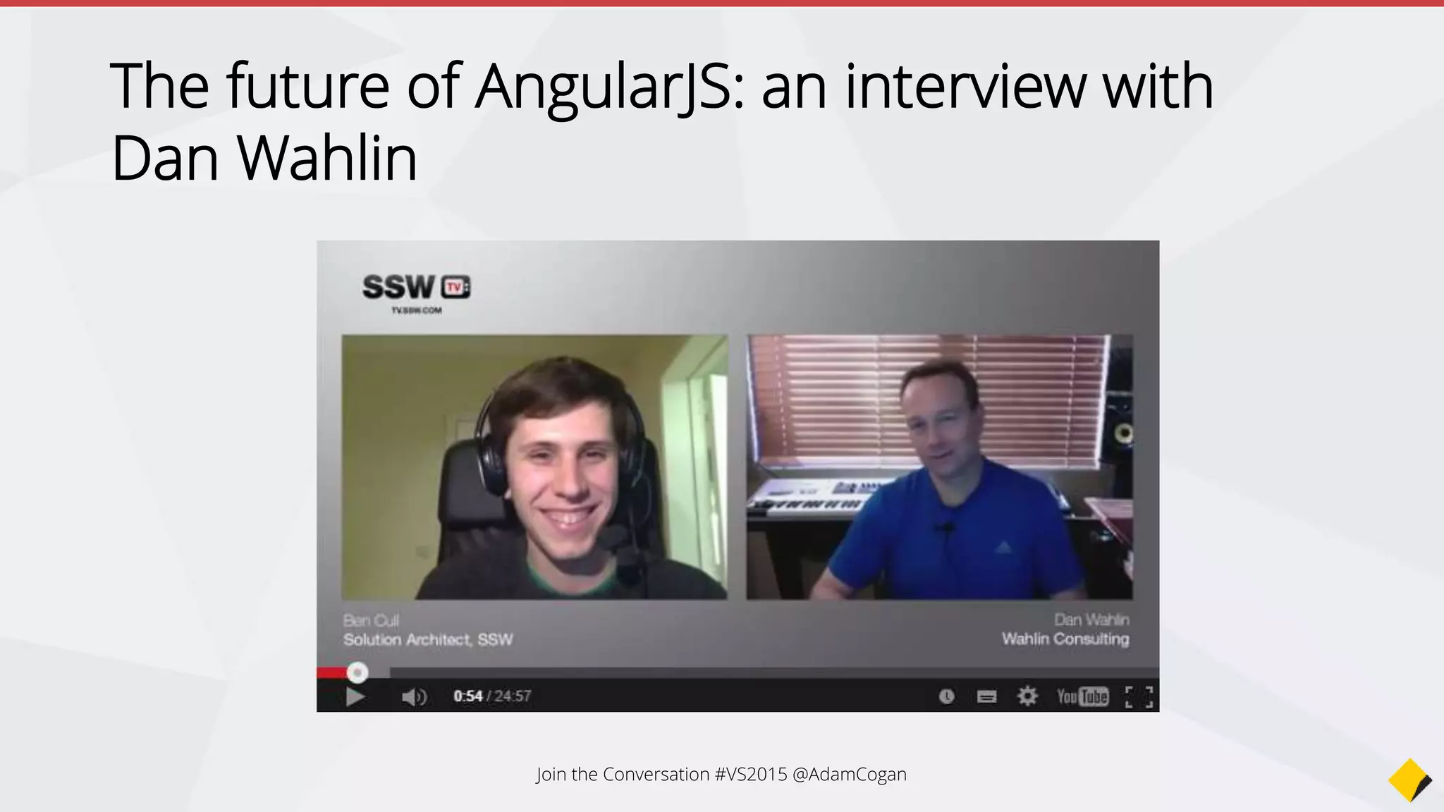 AngularJS + VS2015
Built in templates to create
• Controller
• Service
• Directive
• Factory
• Module
Join the Conversation #VS2015 @AdamCogan
 