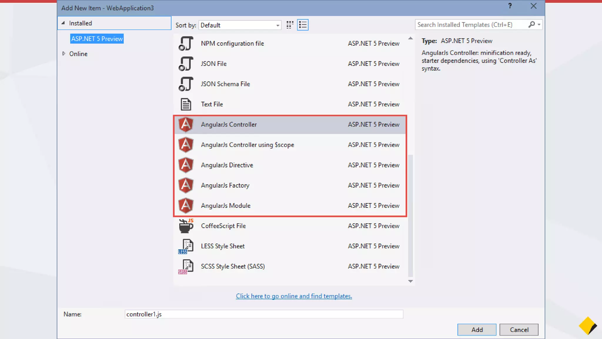 AngularJS + VS2015 - Suggestion
Make these create TypeScript files instead of JavaScript
files
News – Angular 2.0 is to be written using TypeScript
Join the Conversation #VS2015 @AdamCogan
 
