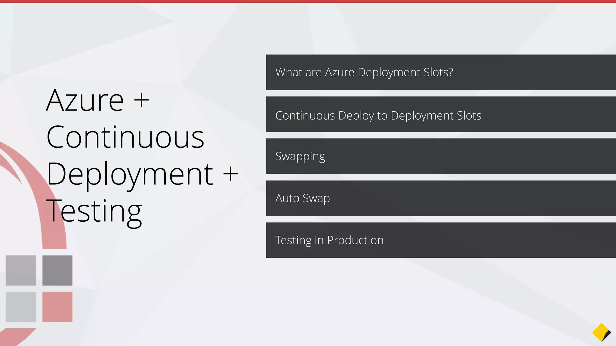 A:
Deploy less often
Or
Learn about Azure Deployment Slots
(they can make your downtime 0)
Join the Conversation #VS2015 @AdamCogan
 