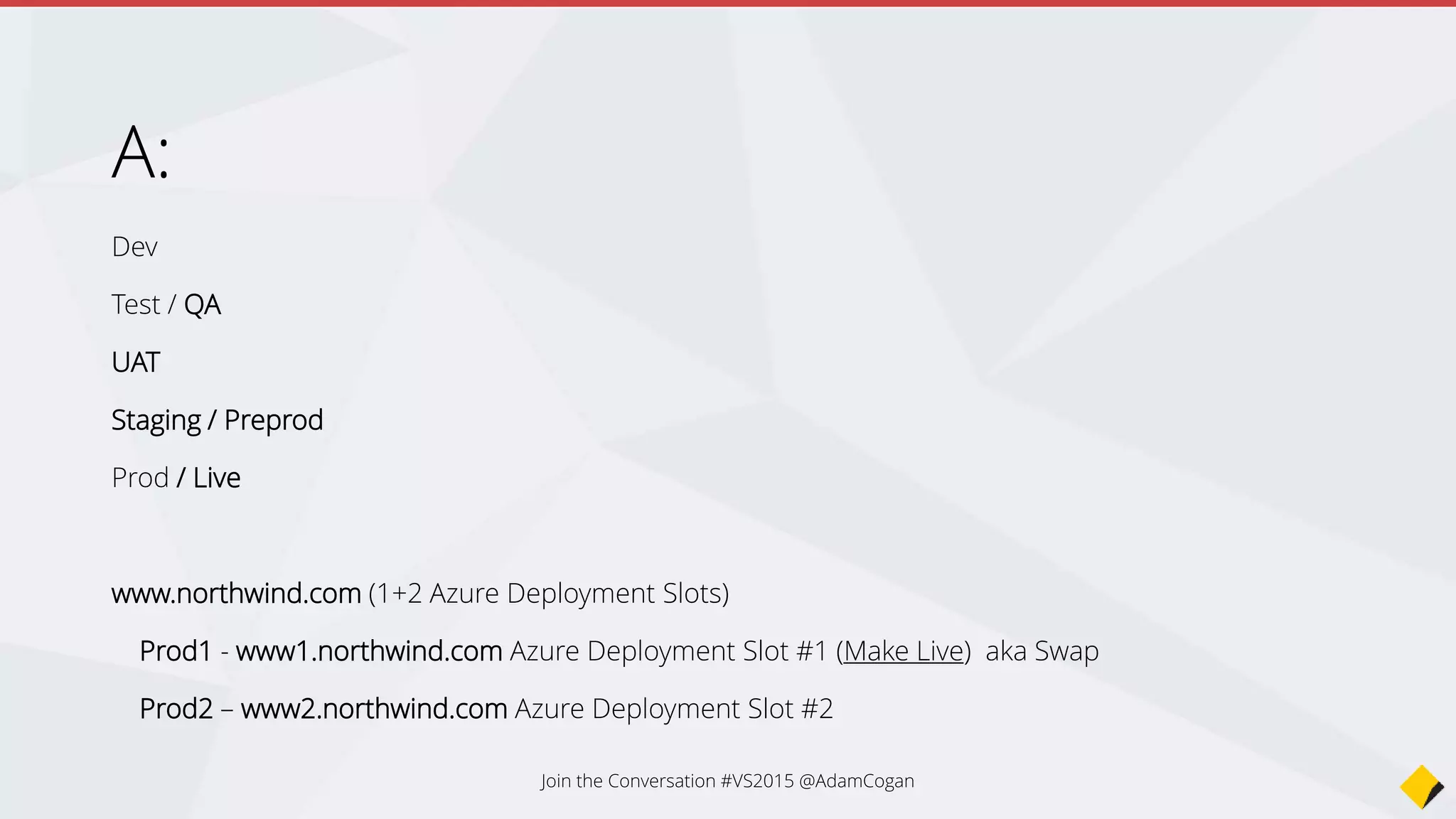 Configure
Deployment
Slots
Join the Conversation #VS2015 @AdamCogan
 