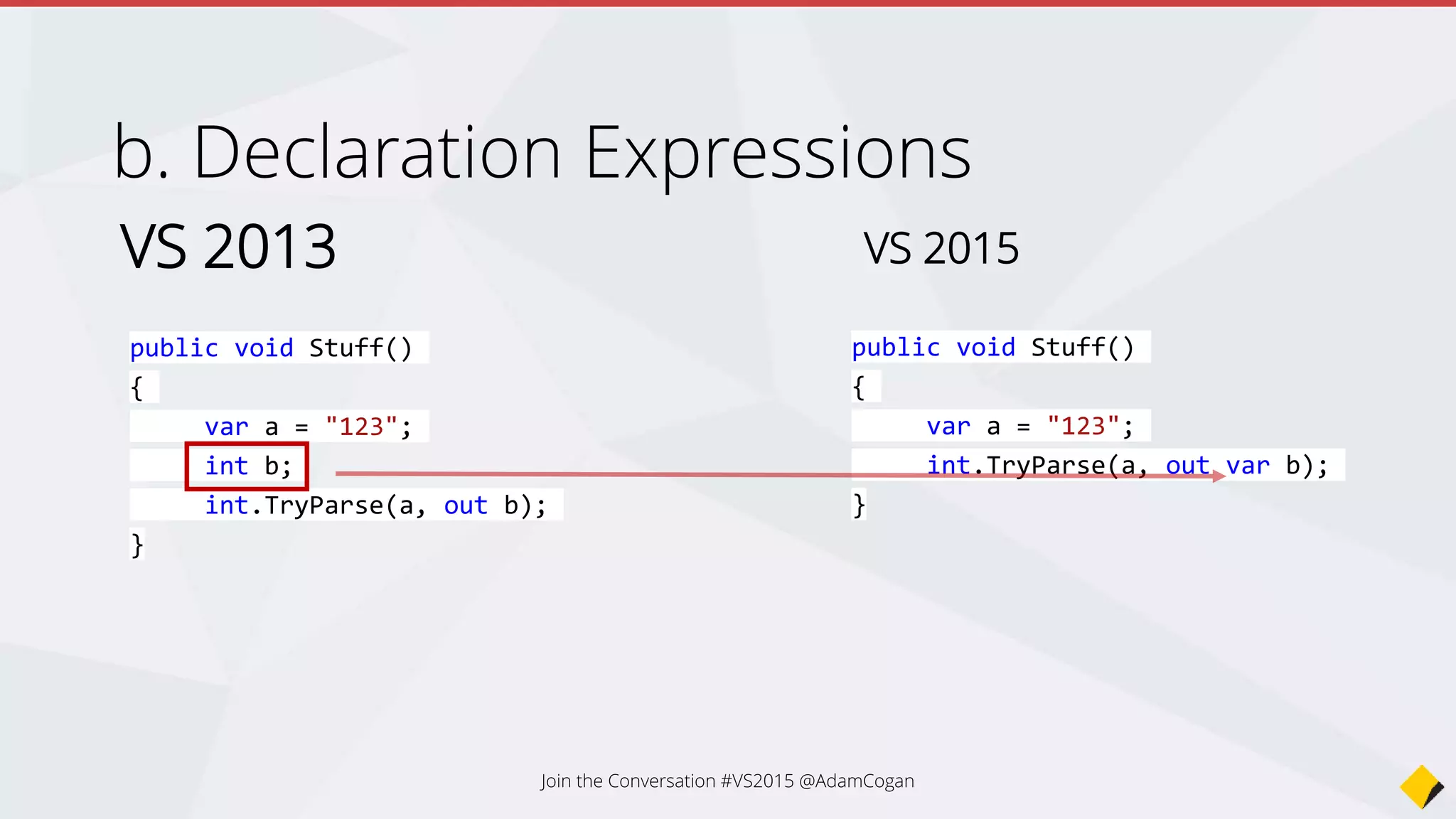 Declaration Expressions
VS 2013
public void Stuff()
{
var a = "123";
int b;
int.TryParse(a, out b);
}
VS 2015
public void Stuff()
{
var a = "123";
int.TryParse(a, out var b);
}
Join the Conversation #VS2015 @AdamCogan
 