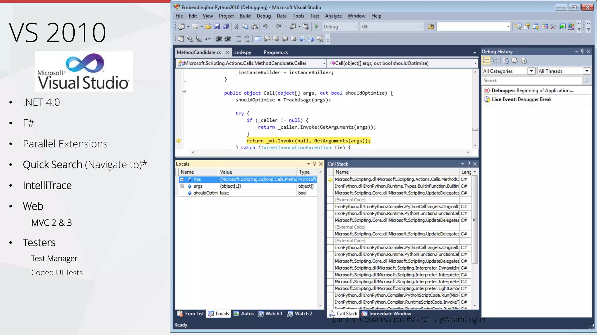 • .NET 4.0
• F#
• Parallel Extensions
• Quick Search (Navigate to)*
• IntelliTrace
• Web
MVC 2 & 3
• Testers
Test Manager
Coded UI Tests
VS 2010
Join the Conversation #VS2015 @AdamCogan
 
