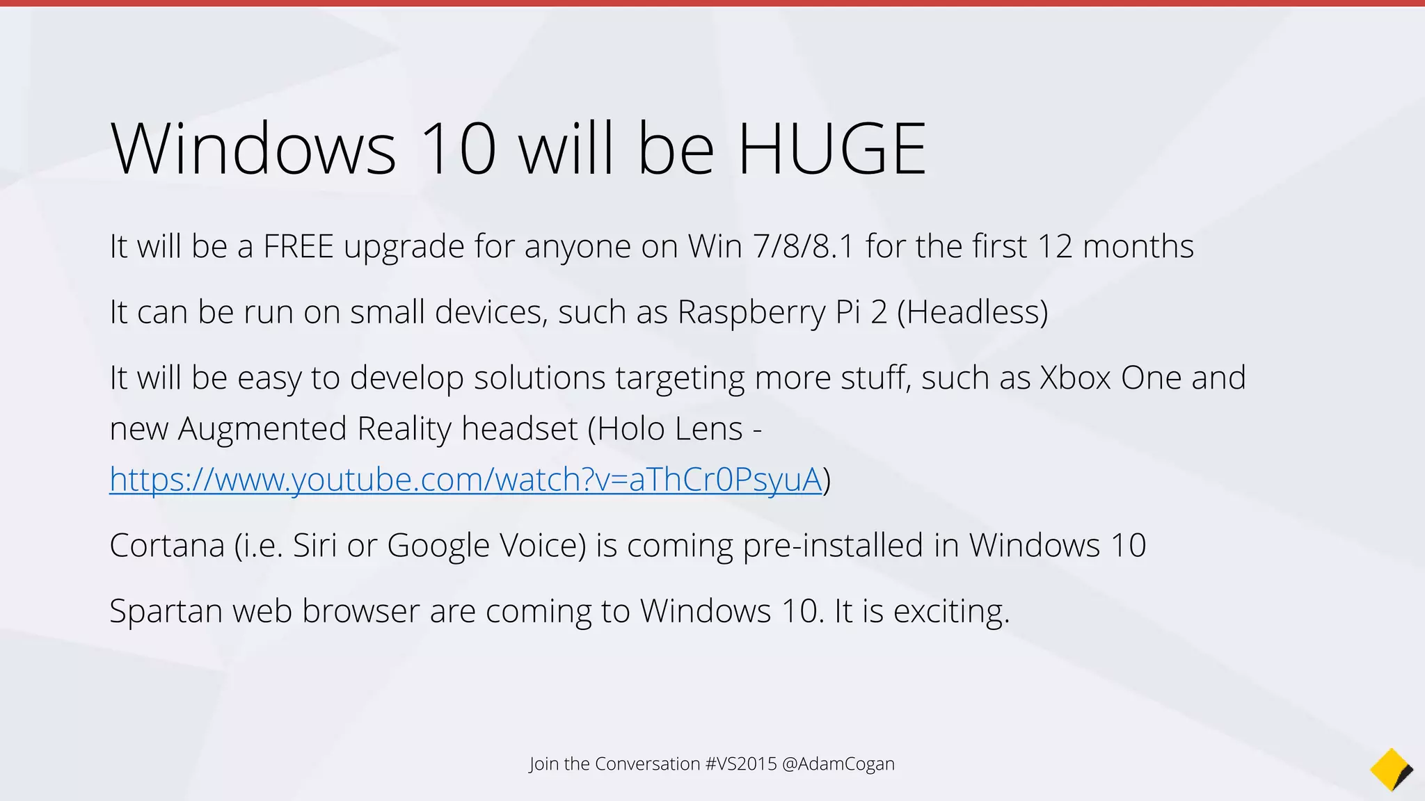 NET has gone Open Source on GitHub
Microsoft is providing the full .NET server stack in open source, including
- ASP.NET,
- the .NET compiler,
- the .NET Core Runtime,
- Framework and Libraries
Will enable developers to build with .NET across Windows, Mac or Linux.
Join the Conversation #VS2015 @AdamCogan
 