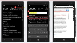• TFS - https://tfsodata.visualstudio.com/ (bad ODATA – read only)
• TFS -https://visualstudio.com/integrate (good REST)
• REST APIs rock
https://developers.google.com/
https://developers.facebook.com/
https://dev.twitter.com/
https://developer.nokia.com/
https://developer.github.com/
http://developer.xamarin.com/
https://Developer.visualstudio.com
REST APIs
Join the Conversation #VS2015 @AdamCogan
 