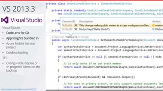 Visual Studio
• CodeLens for Git
• App Insights bundled in
• Azure Mobile Service
project
• Cordova tooling
TFS
• Configurable display on
‘in progress’ items on the
backlog
VS 2013.3
http://support.microsoft.com/kb/2933779
 