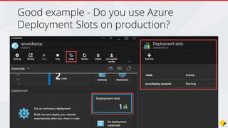 Deploy to
pre-prod
• Deploy a version of your website to the
pre-production slot
• Use Azure Continuous Deployment or
any of your favourite deployment tools
Join the Conversation #VS2015 @AdamCogan
 
