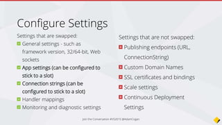 Testing in
production
• A/B/N Testing
• Similar to Google Content Experiments
• Use App Insights to measure results
• ? 50/50 vs 33/33/33
• Using Production users as Testers
• Route traffic between your deployment
slots based on percentage of the traffic
• Use App Insights to check for problems
Join the Conversation #VS2015 @AdamCogan
 