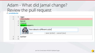 Adam - What did Jamal change?
Review the pull request
Adam Cogan
Join the Conversation #VS2015 @AdamCogan
 