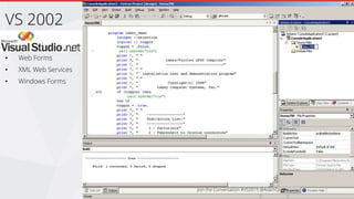 • Web Forms
• XML Web Services
• Windows Forms
VS 2002
 