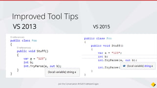 Improved Tool Tips
VS 2013 VS 2015
Join the Conversation #VS2015 @AdamCogan
 