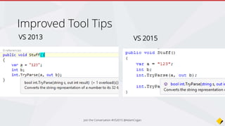 Improved Tool Tips
VS 2013 VS 2015
Join the Conversation #VS2015 @AdamCogan
 