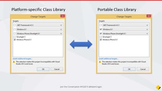 Harder to share actual code to
projects outside the solution
Can quickly become
unmaintainable
Allow using platform specific
APIs by using #if
Can handle cases where the
source is compatible but the
binary wouldn’t be
Can include non-code resources
Join the Conversation #VS2015 @AdamCogan
Shared Projects
 