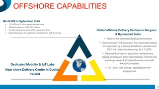 2
3
World HQ in Hyderabad, India
 120,000 sq. ft. office space across India
 Global locations – USA, UK, Ireland
 On-site training for up to 300+ people at a time
 Dedicated space for application development, QA & training
Dedicated Mobility & IoT Labs
Near shore Delivery Center in Dublin,
Ireland
Global offshore Delivery Centers in Gurgaon
& Hyderabad, India
 State-of-the-art center development centers
 Communication Infrastructure: Four dedicated leased
line supported by a backup broadband, wireless and
IPLC link. Video conferencing, 24 x 7 VOIP.
 Dedicated servers for application development,
testing, hosting and client presentations. Internal mail
exchange server & Virtualized environment with
HA&DRS enabled
 40 – 60% cost savings, depending on the
engagement
OFFSHORE CAPABILITIES
 