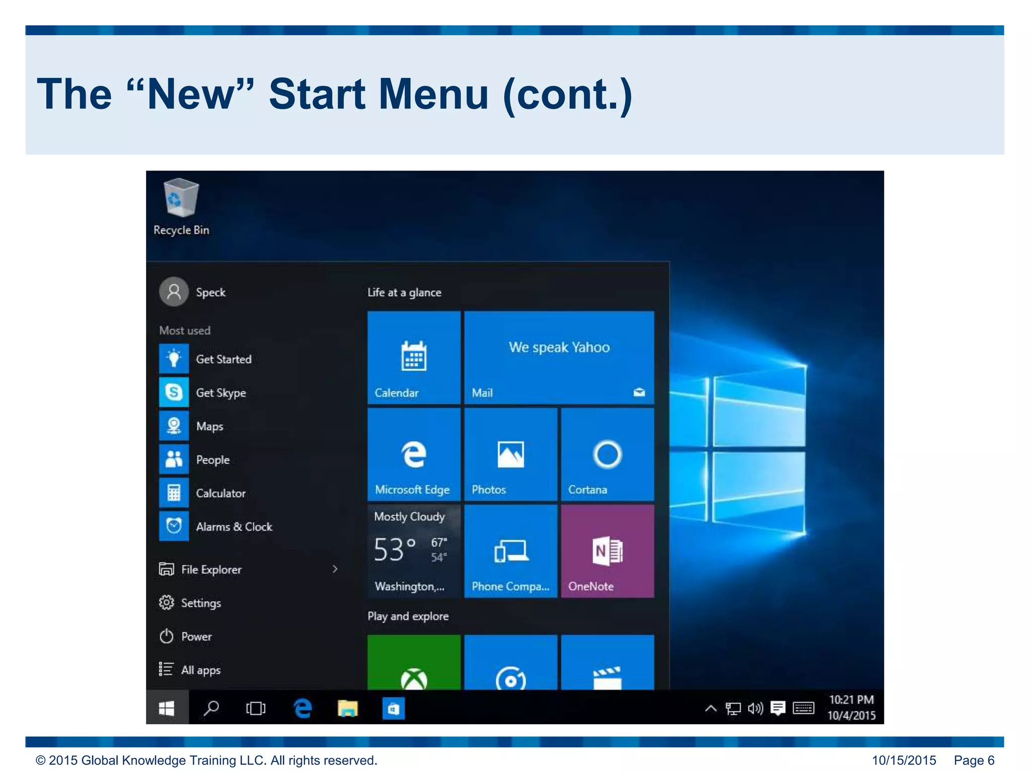 © 2015 Global Knowledge Training LLC. All rights reserved. 10/15/2015 Page 6
The “New” Start Menu (cont.)
 
