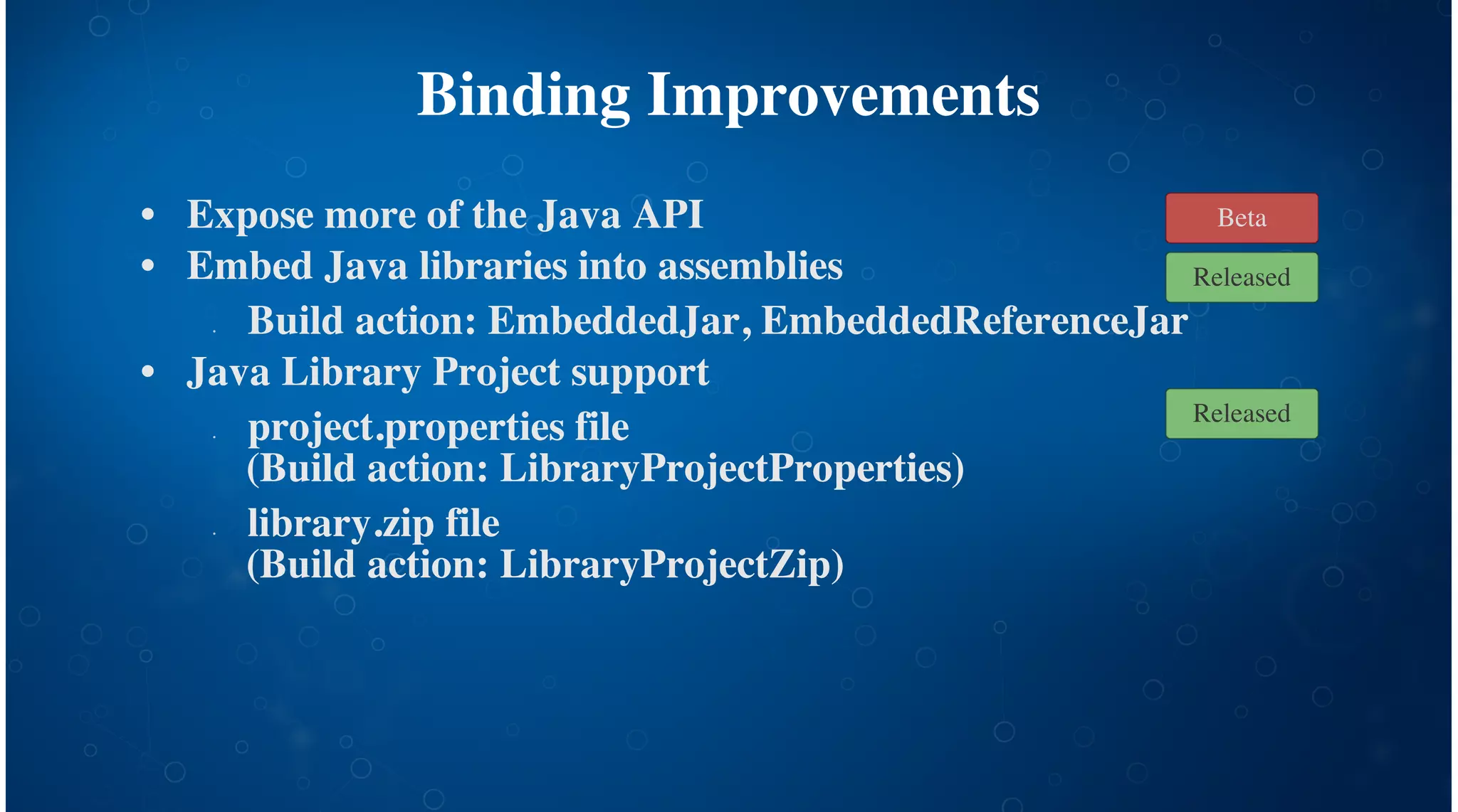 Binding Improvements
Expose more of the Java API
Embed Java libraries into assemblies
Build action: EmbeddedJar, EmbeddedReferenceJar
Java Library Project support
project.properties file
(Build action: LibraryProjectProperties)
library.zip file
(Build action: LibraryProjectZip)
•
•
•
•
•
•
Beta
Released
Released
 