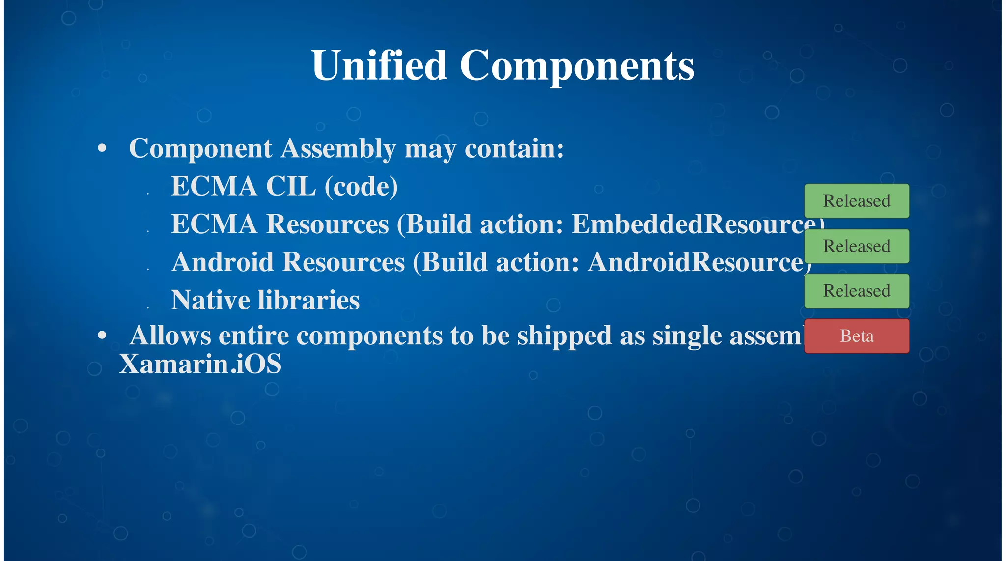 Unified Components
Component Assembly may contain:
ECMA CIL (code)
ECMA Resources (Build action: EmbeddedResource)
Android Resources (Build action: AndroidResource)
Native libraries
Allows entire components to be shipped as single assembly, like
Xamarin.iOS
•
•
•
•
•
•
Released
Released
Released
Beta
 