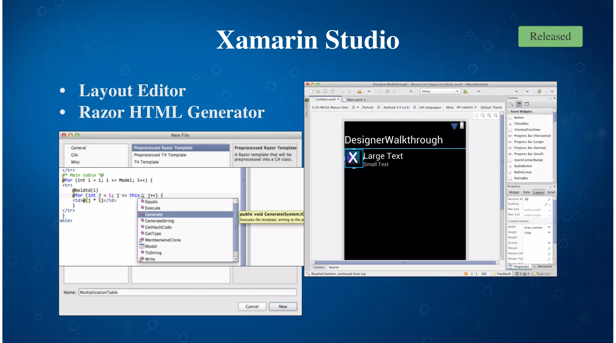 Xamarin Studio
Layout Editor
Razor HTML Generator
•
•
Released
 
