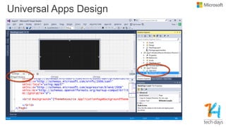 Visual Studio 2013
•XAML Code Snippets
• http://xamlsnippets.codeplex.com/
• http://visualstudiocodesnippets.com/
•Intelli...
