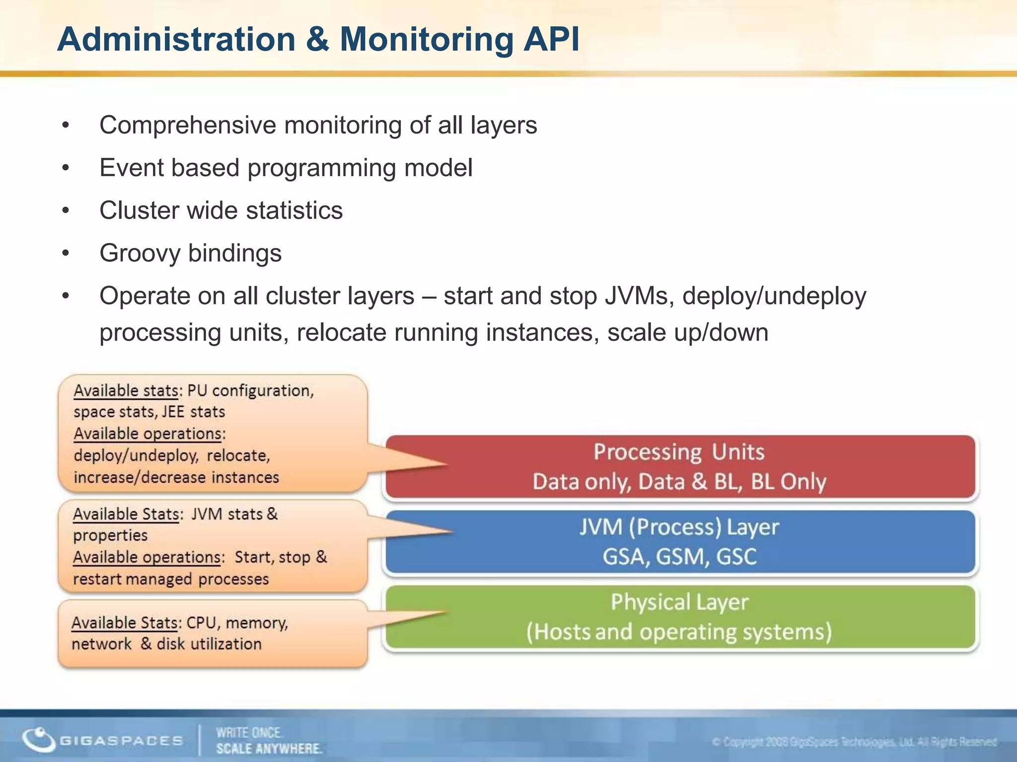 Operate on all cluster layers:start and stop JVMs, deploy/undeploy PUs,relocate running instances, scale up/downThe GigaSpaces Agent New runtime component Think of it as the GigaSpaces daemon / service Agent can start, stop and restart other runtime components: GSM, GSC, LUS, CustomJust start the agent, the rest will be done for youDefine global/local number of GSMs, GSCs and LUSse.g. 4 global GSMs, 2 local (per machine) GSCs, 2 global LUSsFull control from the UI / Admin API